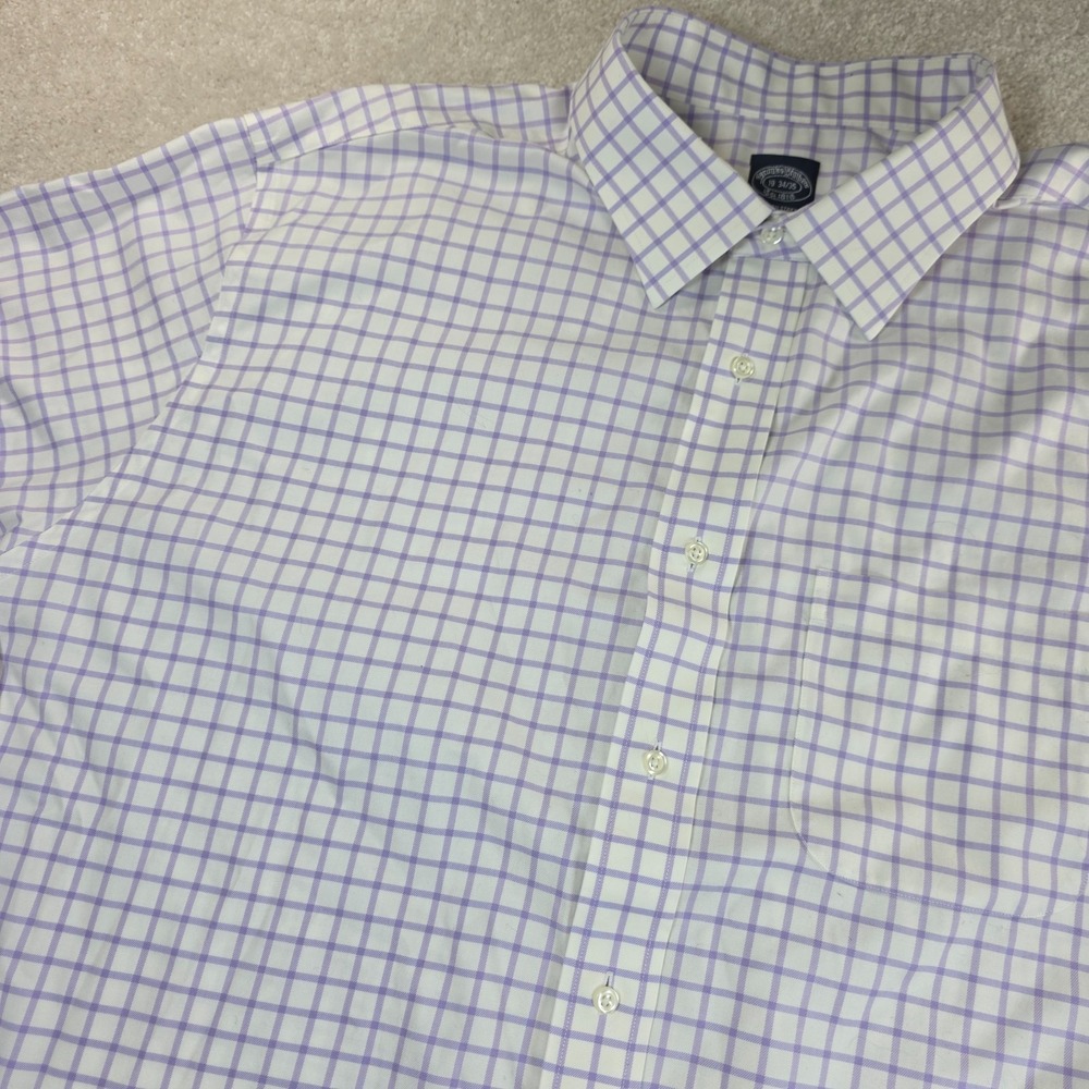 Brooks Brothers 1818 Dress Shirt Mens 19 34/35 White Purple Check Non-Iron